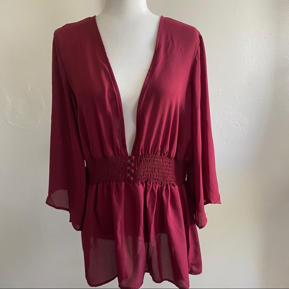 Button Front Smocked Babydoll Blouse - Picture 5 of 6
